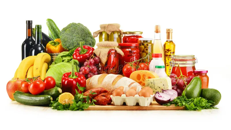 assorted-grocery-products-white-including-vegetables-fruits-wine-bread-dairy-meat-30559919